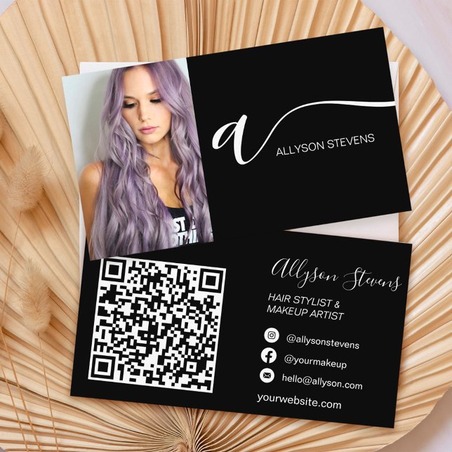 White black hair makeup photo initial qr code business card (Creator Uploaded)