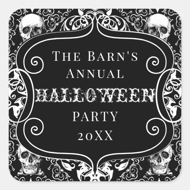 White Black Halloween Damask Skull Gothic Custom Square Sticker (Front)