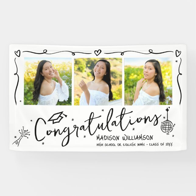 White Black Hand Drawn Doodles Graduation 3 Photo Banner (Horizontal)