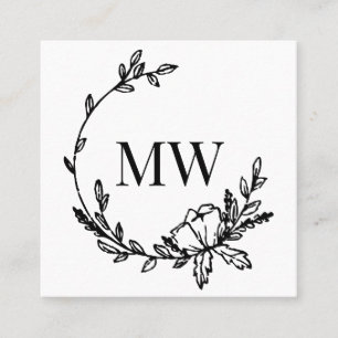 White & Black Hand Drawn Wreath Monogram Square Business Card