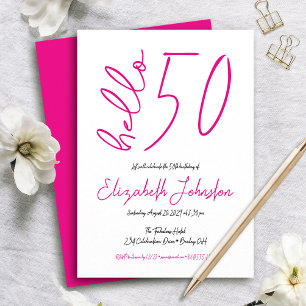 White Black Hot Pink Hello 50 Fabulous Birthday Invitation