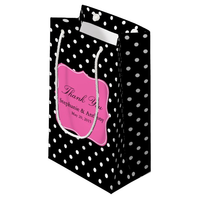 White Black, Hot Pink Polka Dot Wedding Thank You Small Gift Bag (Front Angled)