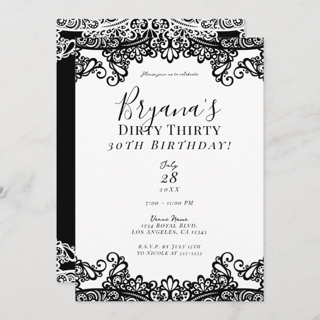 White & Black Lace Chic Dirty 30 30th Birthday    Invitation (Front/Back)