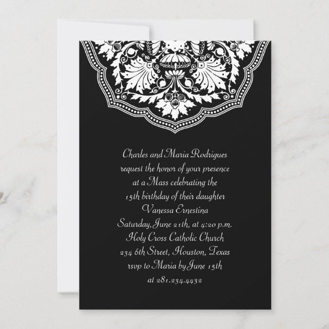 White & Black Latin Pattern Quinceanera Invitation (Front)