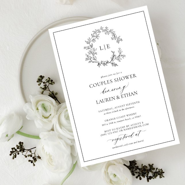 White Black Leafy Crest Monogram Couples Shower Invitation (Couples Shower Invitation!)