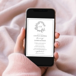 White Black Leafy Crest Monogram Couples Shower Invitation