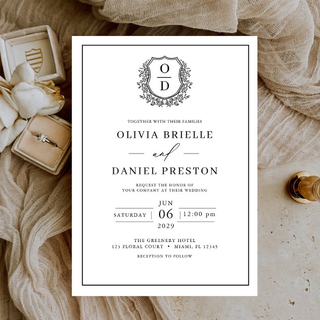 White Black Leafy Crest Monogram Elegant Wedding Invitation (Creator Uploaded)