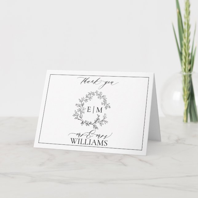 White Black Leafy Crest Monogram Thank You Card (Front)