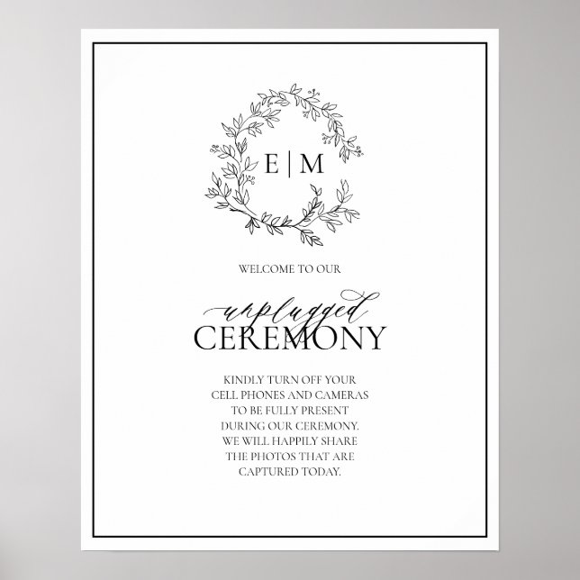 White Black Leafy Crest Monogram Unplugged Wedding Poster (Front)