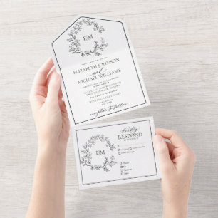 White Black Leafy Crest Monogram Wedding All In One Invitation