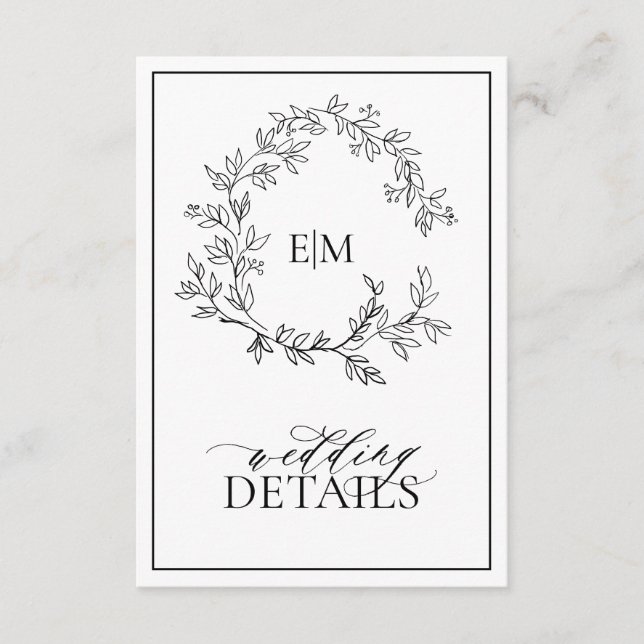 White Black Leafy Crest Monogram Wedding Details Enclosure Card (Front)