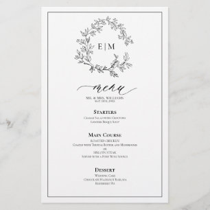 White Black Leafy Crest Monogram Wedding Menu