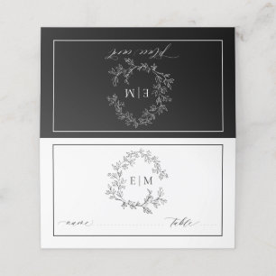 White Black Leafy Crest Monogram Wedding Place Card