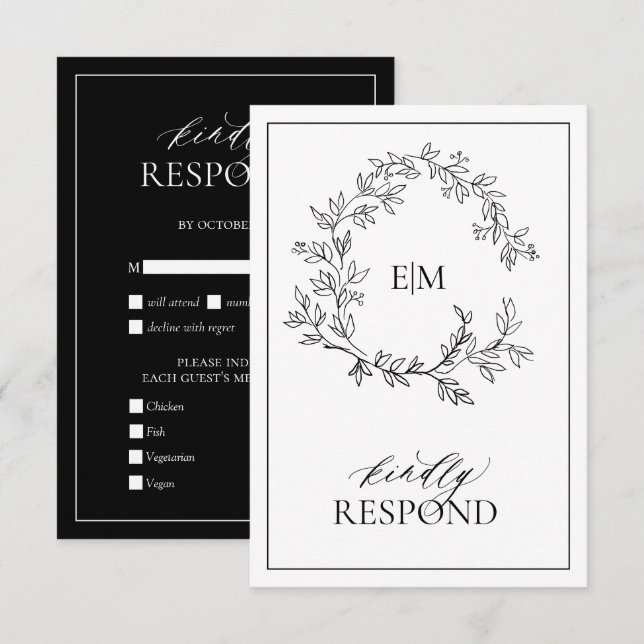 White Black Leafy Crest Monogram Wedding RSVP Card (Front/Back)