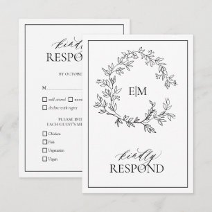 White Black Leafy Crest Monogram Wedding RSVP Card
