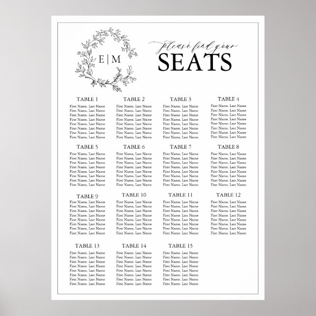 White Black Leafy Crest Monogram Wedding Seating Poster (Front)