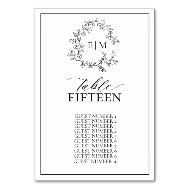 White Black Leafy Crest Monogram Wedding Table Number (Front)