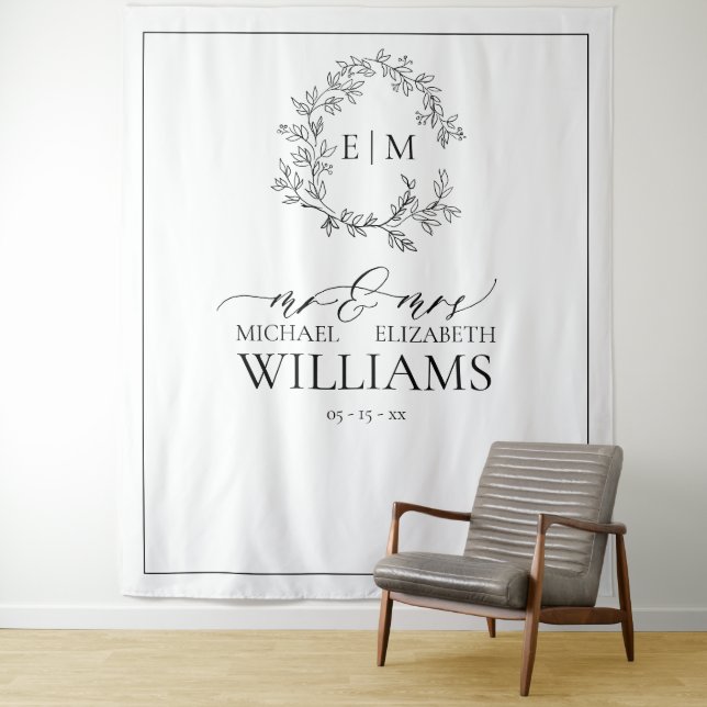 White Black Leafy Crest Monogram Wedding Tapestry (In Situ)
