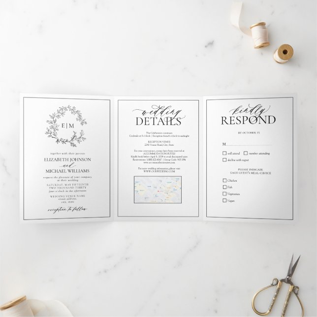 White Black Leafy Crest Monogram Wedding Tri-Fold Invitation (Inside)