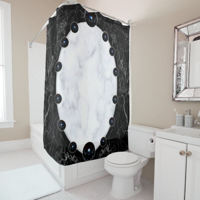 White & Black Marble Sphere Graphics Shower Curtain (In Situ)