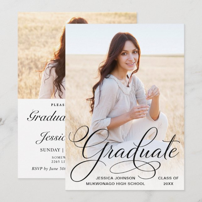 White Black Modern 2 PHOTO Graduation Party Invitation (Front/Back)