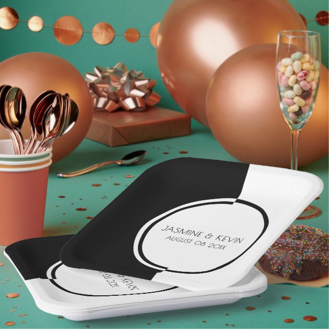 White & Black Modern Geometric Design Paper Plate (Multi)