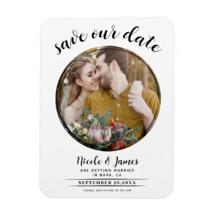 White & Black Modern Round Photo Save the Date Magnet