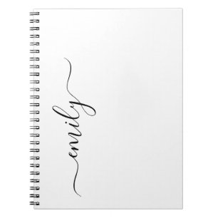 White Black Modern Script Girly Monogram Name Notebook