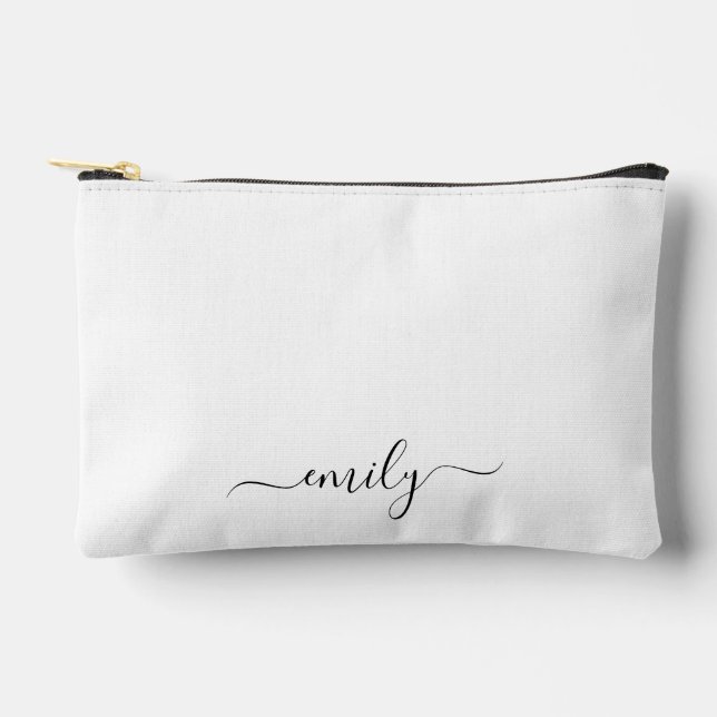 White Black Modern Script Monogram Name Accessory Pouch (Front)