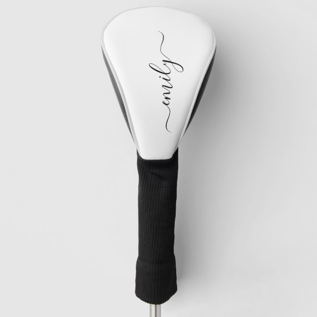 White Black Modern Script Monogram Name Golf Head Cover (Front)