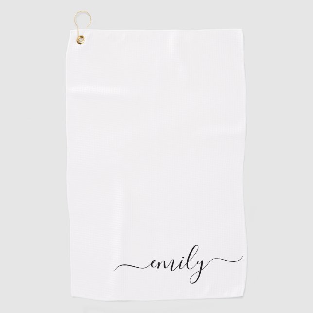 White Black Modern Script Monogram Name Golf Towel (Front)
