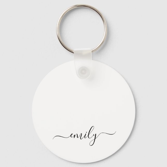 White Black Modern Script Monogram Name Key Ring (Front)