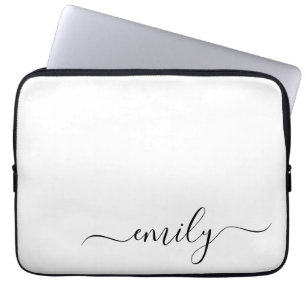 White Black Modern Script Monogram Name Laptop Sleeve