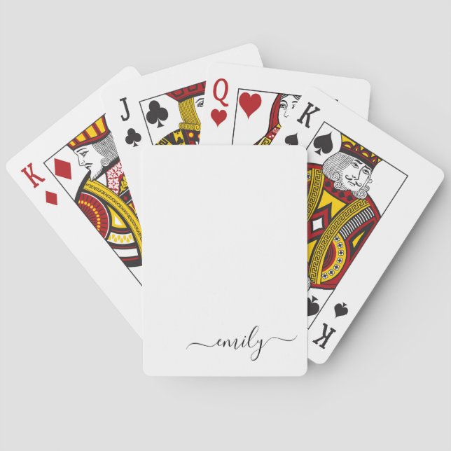 White Black Modern Script Monogram Name Playing Cards (Back)