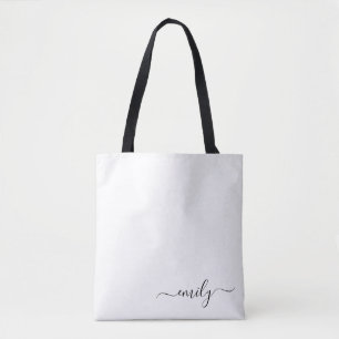 White Black Modern Script Monogram Name Tote Bag