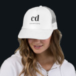 White black monogram initials name elegant modern trucker hat<br><div class="desc">A classic chic white background. Personalise and add your monogram initials written with golden block letters and your name in black. Modern,  trendy and simple. For both him and her.</div>