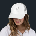 White black monogram initials name elegant modern trucker hat<br><div class="desc">A classic chic white background. Personalise and add your monogram initials written with golden block letters and your name in black. Modern,  trendy and simple. For both him and her.</div>