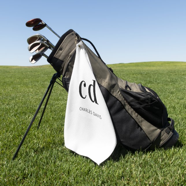 White black monogram initials name minimalist golf towel (Green)
