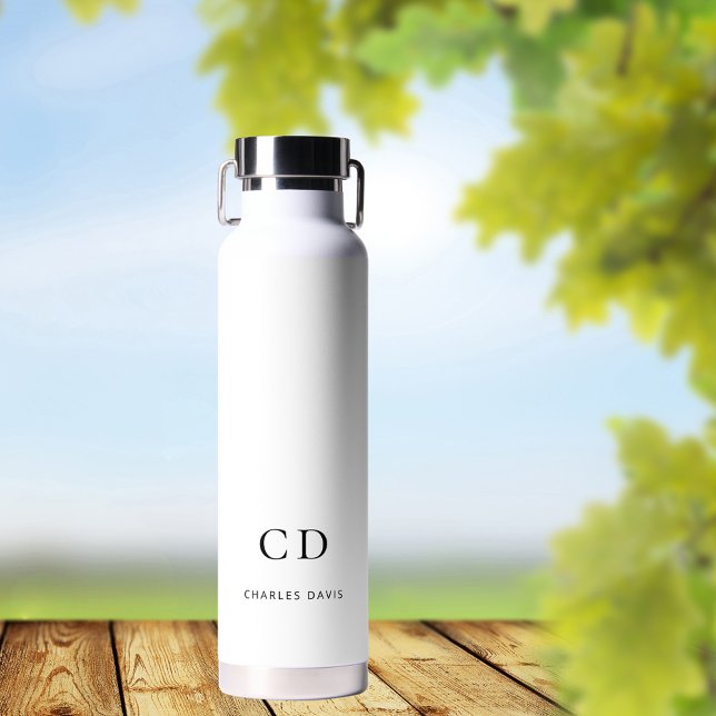White black monogram initials name simple water bottle (Creator Uploaded)