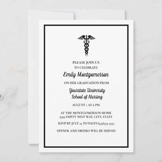 White Black Nursing School Graduation Party Invitation (Front)
