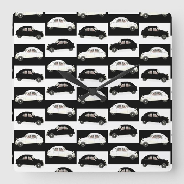 White & Black Pattern Citroen 2CV Square Wall Clock (Front)
