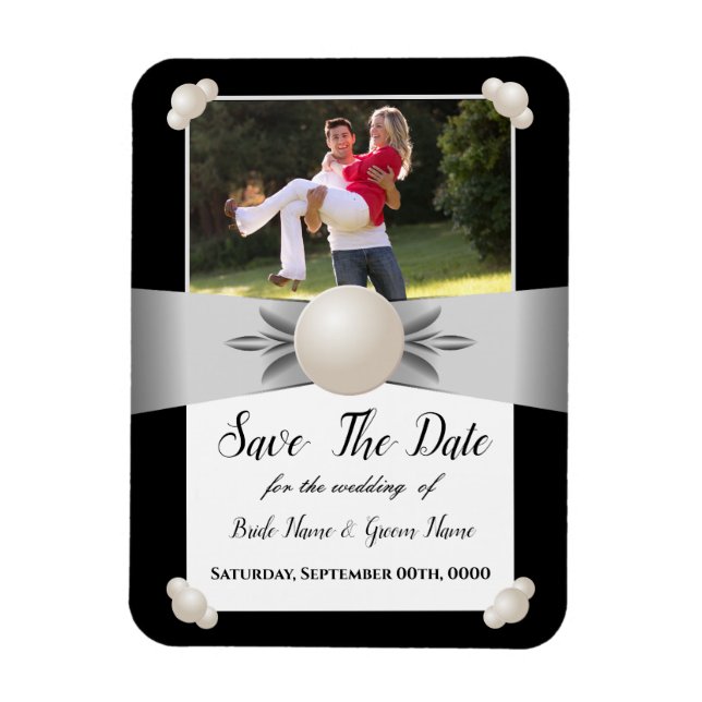 White & Black Pearl Ribbon Photo Save The Date Magnet (Vertical)