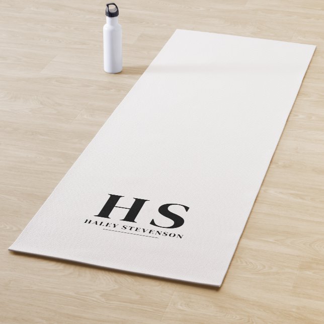 White & Black Personal Monogram Minimalist Script Yoga Mat (In Situ)