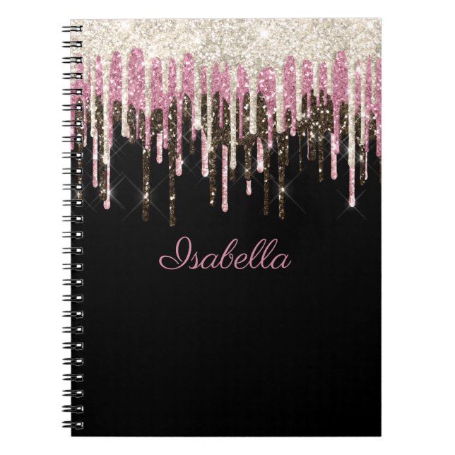 White Black Pink Glitter Drips Personalised Name Notebook (Front)