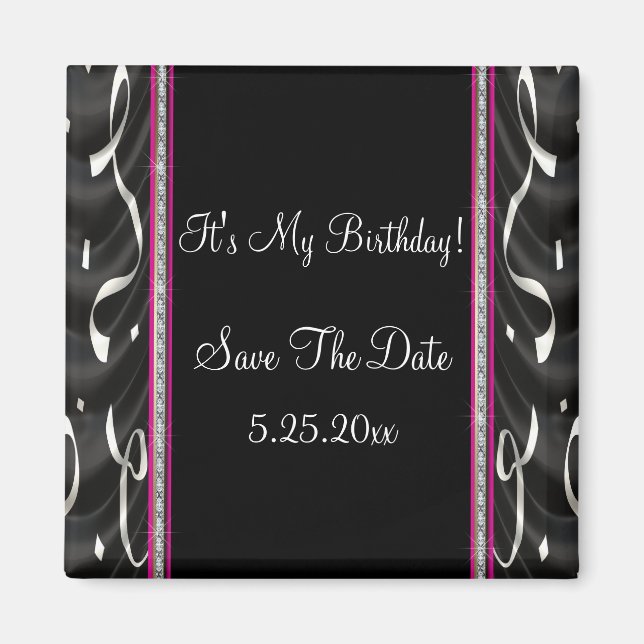 White Black Pink Party Streamers Save Date Magnet (Front)
