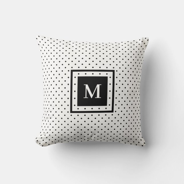 White Black Polka Dot Pattern with Modern Monogram Cushion (Front)