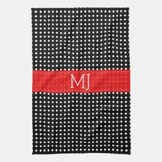 White & Black Polkadot Pattern-Monogram Tea Towel (Vertical)
