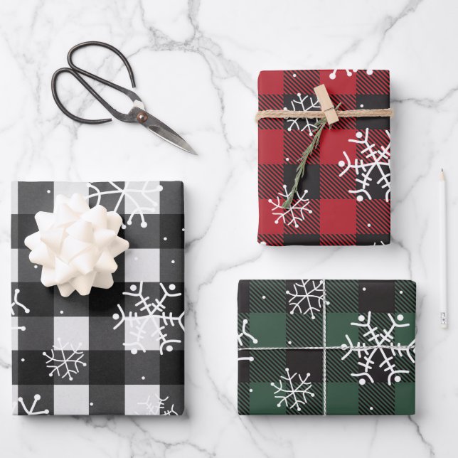 White Black Red Green Buffalo Plaid Snowflakes Wrapping Paper Sheet (Front)