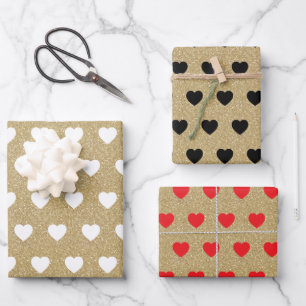 White Black Red Hearts, Gold Glitter Sparkles Wrapping Paper Sheet