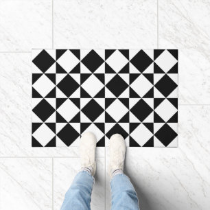 White Black Retro Squares Triangles Pattern Doormat